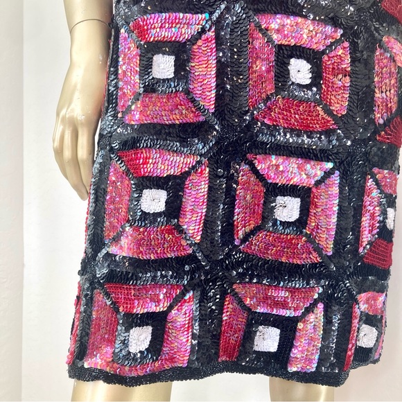 GORGEOUS 100% PURE SILK COLOR-BLOCK MOD/DECO VINTAGE SEQUIN SLEEVELESS DRESS L - Picture 5 of 10
